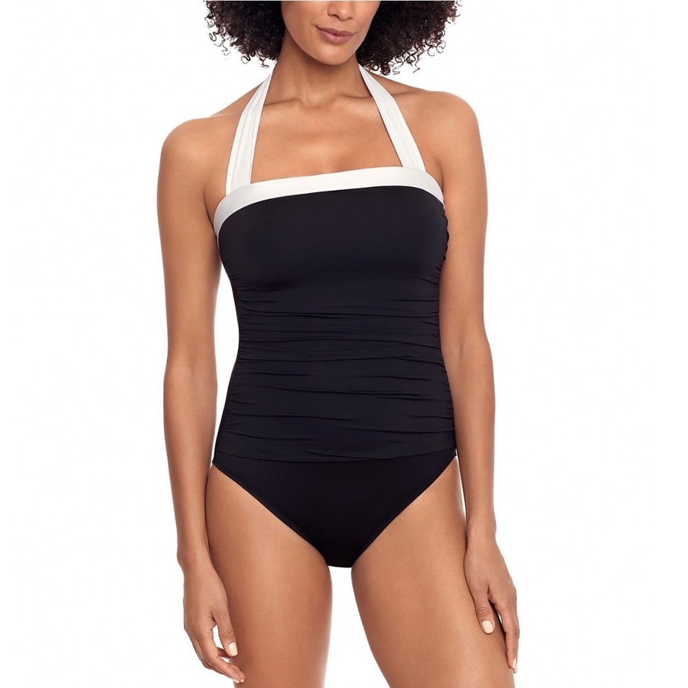 Lauren Ralph Lauren Bel Air One Piece Swimsuit Black White Ruched Halter 10